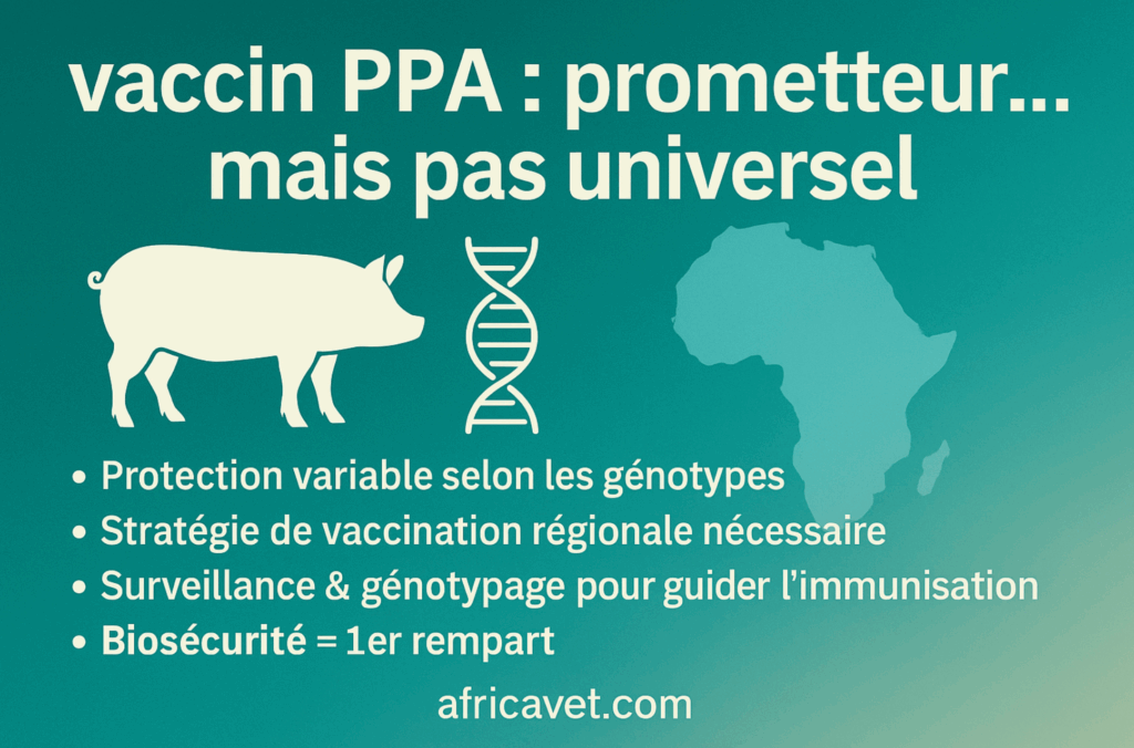 Les défis du vaccin PPA montrant un porc et la carte de l'Afrique, avec le texte 'vaccin PPA : prometteur mais pas universel' soulignant la protection variable selon les génotypes et l'importance de la biosécurité
