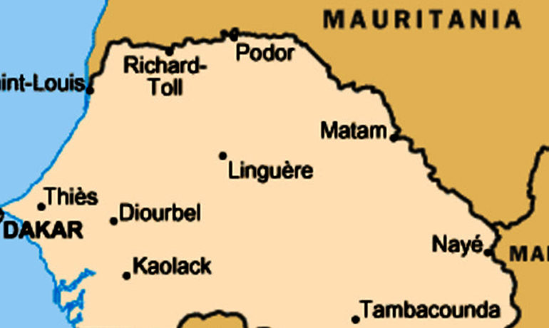 Map of Senegal and Mauritania highlighting the border area along the Senegal River where the Rift Valley Fever outbreak is centered