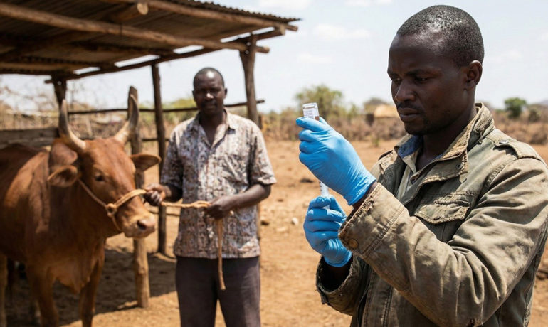 African veterinarian in blue gloves preparing a syringe to treat a brown cow in a dry, rural setting