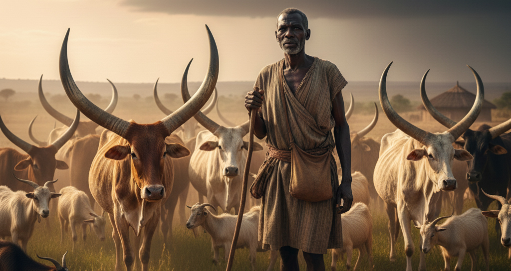 Portrait d'un berger africain vêtu d'une tunique traditionnelle, tenant un bâton, debout au milieu de son grand troupeau de bœufs à longues cornes et de chèvres au coucher du soleil.