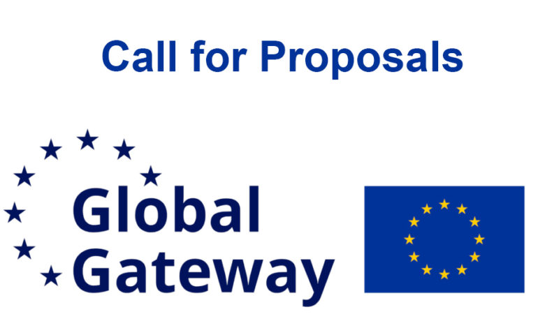 Global Gateway banner featuring the European Union flag and the text "Call for Proposals" on a white background