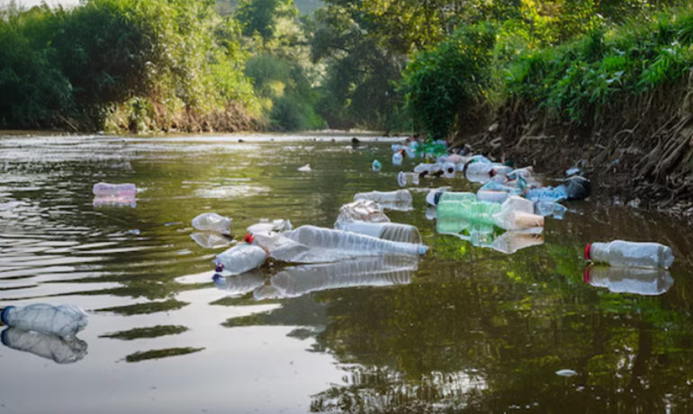 Plastic waste, including bottles and debris, floating in a murky river in a vegetated area.