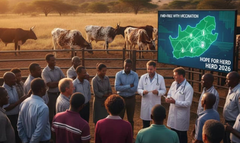 A group of South African farmers and veterinarians gathering in a cattle kraal at sunset, looking at a digital screen showing an FMD vaccination map of South Africa.
