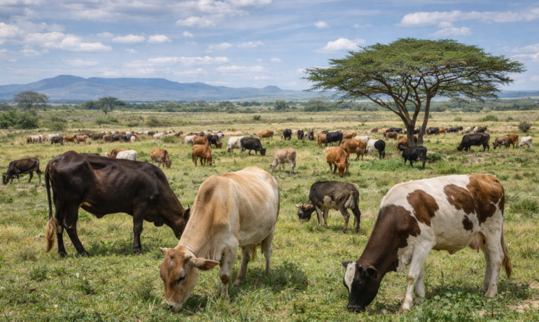 Cattle grazing on open pasture in Senegal, representing national livestock modernization efforts.