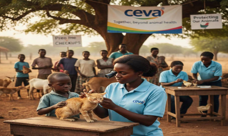 Community veterinary outreach in rural Africa: Ceva staff providing free animal checkups to pets and livestock
