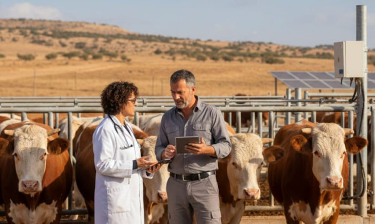 Vétérinaire marocain et européen examinant des bovins dans un paysage semi-aride.