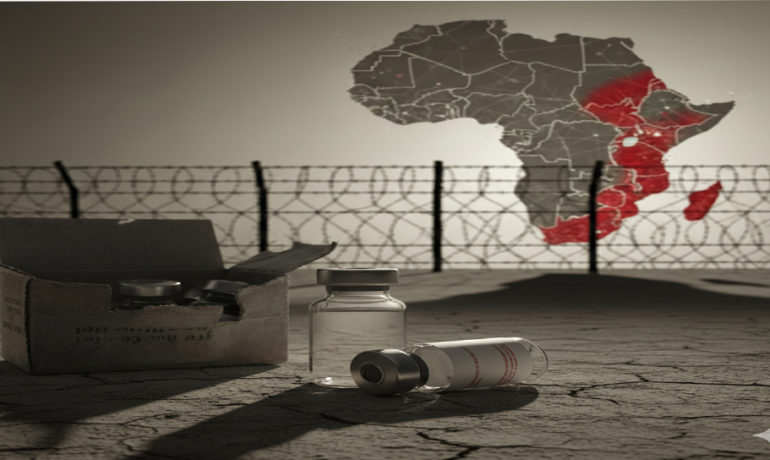 A high-contrast image showing a generic vaccine vial next to a silhouette of a border fence and a map of Africa, symbolizing the threat of smuggled veterinary products.
