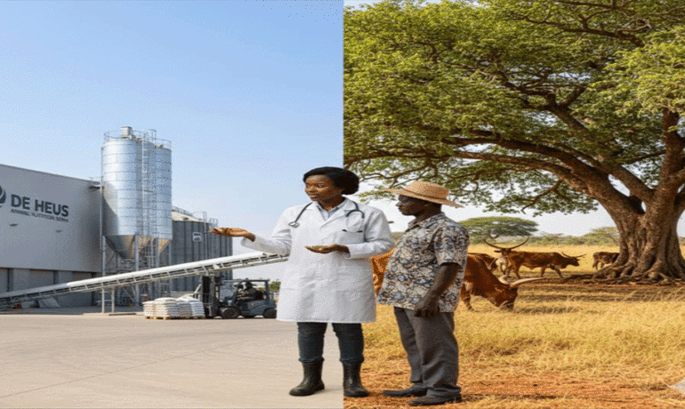 Split-screen image: modern industrial feed facility with silos in Kenya contrasted with cattle grazing under indigenous trees in Benin, with a veterinarian advising a farmer using feed pellets.