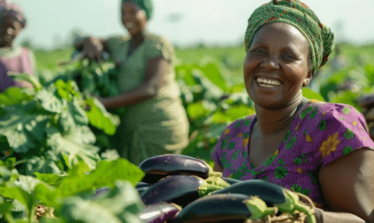 Une agricultrice sénégalaise souriante tenant un panier d'aubergines fraîches dans un champ verdoyant, illustrant le succès du Pacte AgriConnect