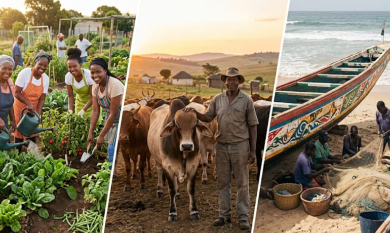 African women tending to a lush, green community garden; in the center, a Zimbabwean farmer standing proudly with his cattle under a golden sunset; and on the other side, a traditional Senegalese wooden pirogue resting on a beach