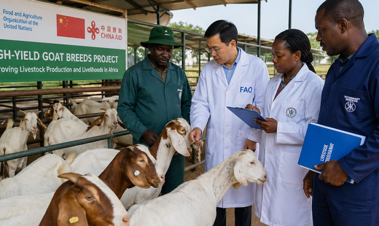 Veterinarians inspecting high-yield goats in a modern farm setting