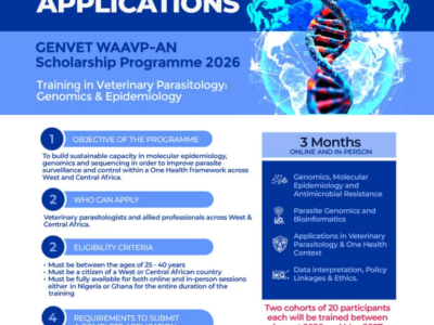 Call for Applications: GENVET WAAVP-AN Scholarship Program 2026. Training in Veterinary Parasitology: Genomics & Epidemiology